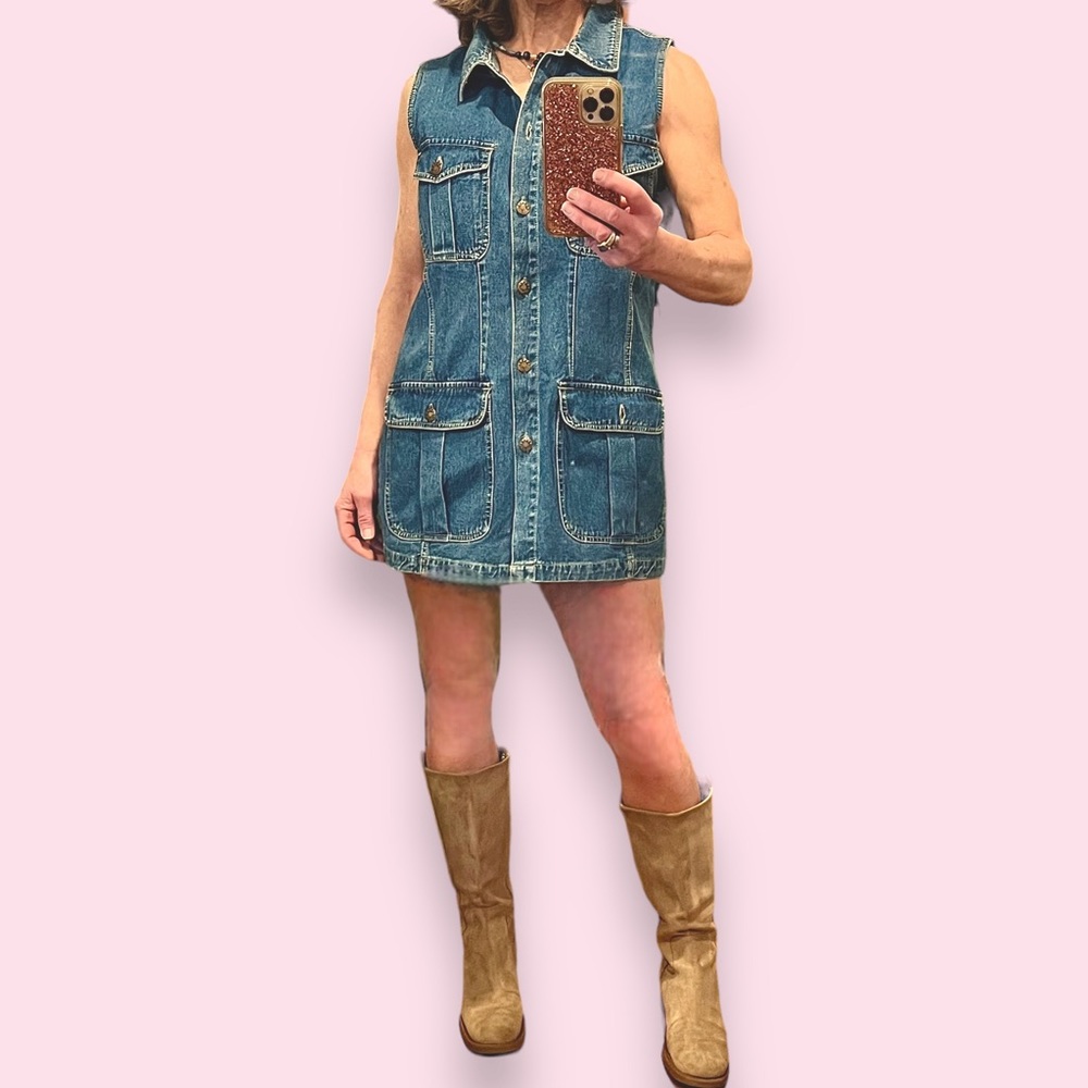 Vintage 90s Denim Mini Dress L Coastal Cowgirl Button Front Blue Cargo Utility